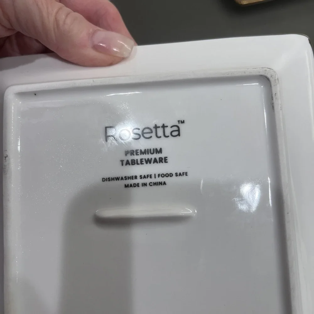 NEW ROSETTA set a four Square tidbit plates white with gold trim